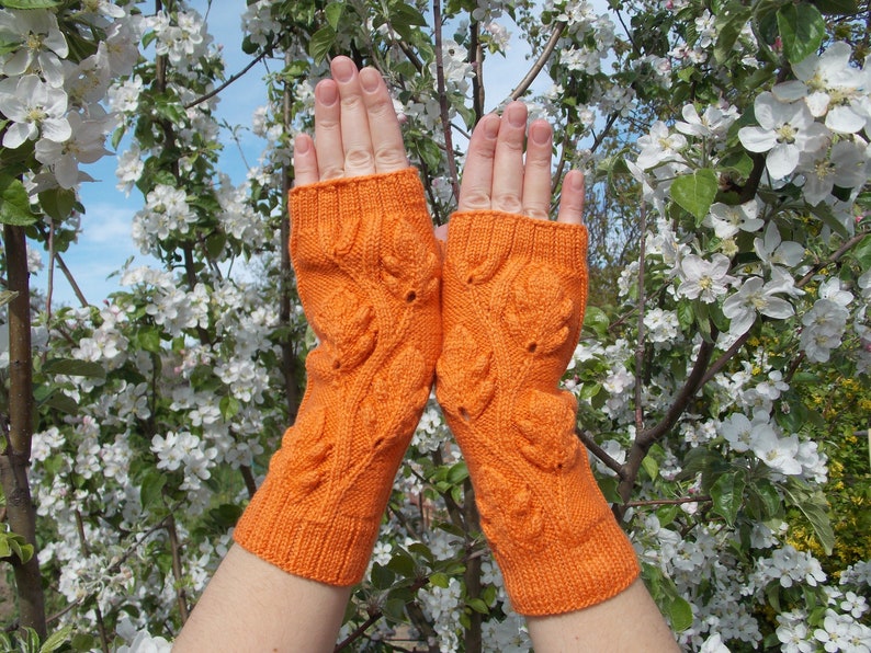 Hand warmers,Gloves are knitted,Gloves without fingers with oak leaves,Gloves And Mittens,Orange Fingerless Gloves,Hand Knitted Mittens image 7