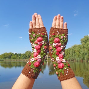 Fingerless Gloves With Embroidered, Gloves long womens ,Flowers gloves, Gloves Embroidered roses ,Hand warmers image 10