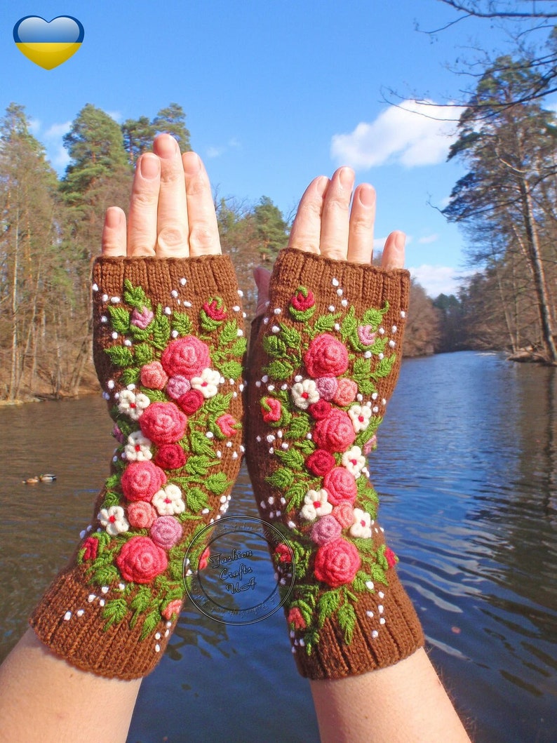 Fingerless Gloves With Embroidered, Gloves long womens ,Flowers gloves, Gloves Embroidered roses ,Hand warmers image 1