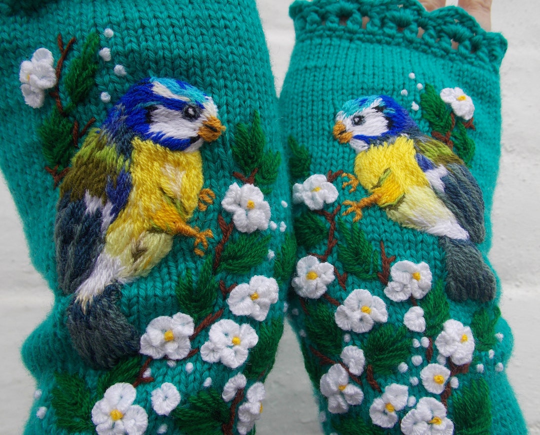 Embroidered Gloves With Titmouse, Fingerless Gloves With Bird