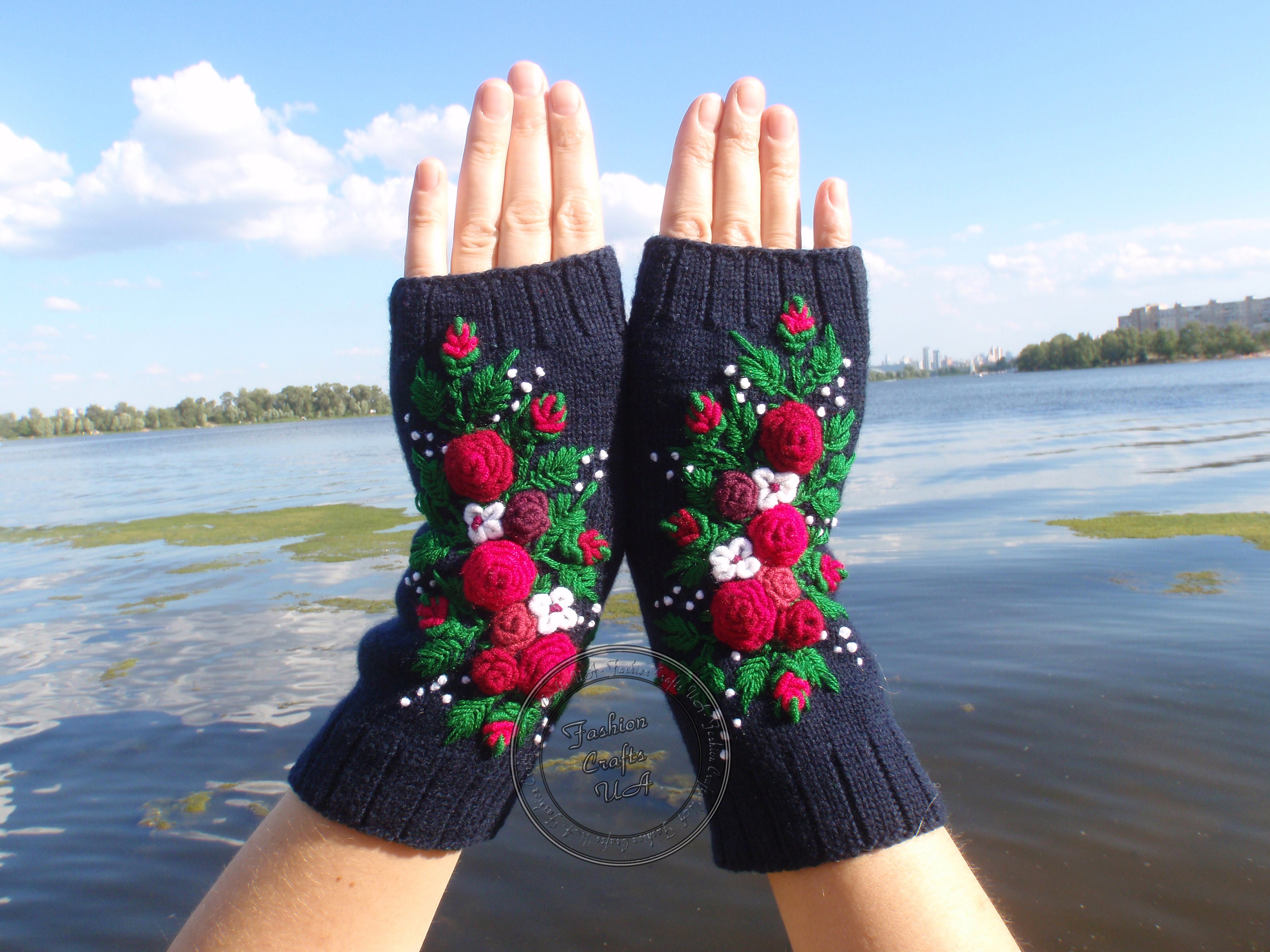 Fingerless Gloves With Embroidered RosesKnitted Mitts With Etsy