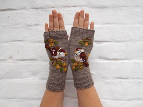 Embroidered Gloves With Bird Fingerless Mittens With Sparrow Beige Womens Arm Warmers Knitted Fingerless Gloves Etsy UK