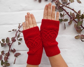 Red gloves  with Heart, Hand knitted Mittens Womens, Gift Valentine's Day,Wool Gloves, Womens Arm Warmers