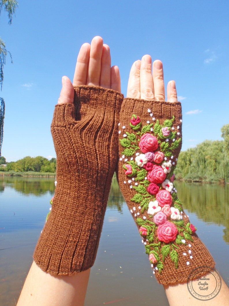 Fingerless Gloves With Embroidered, Gloves long womens ,Flowers gloves, Gloves Embroidered roses ,Hand warmers image 6