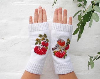 Bestickte Handschuhe mit Vogel Rotkehlchen, Frauen Armstulpen eine Eberesche, gestrickte fingerlose Handschuhe, Weihnachtsgeschenk