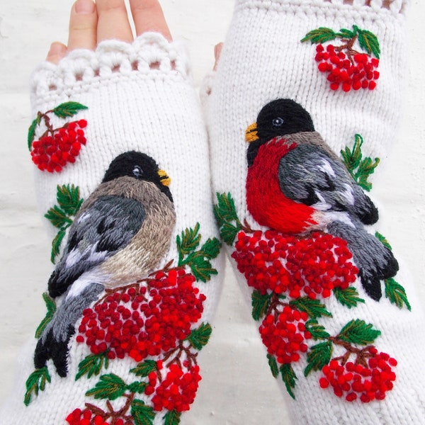 Embroidered Gloves With Bullfinches, Fingerless mittens  Embroidered Birds, Womens Arm Warmers, Bullfinches On Mountain Ash