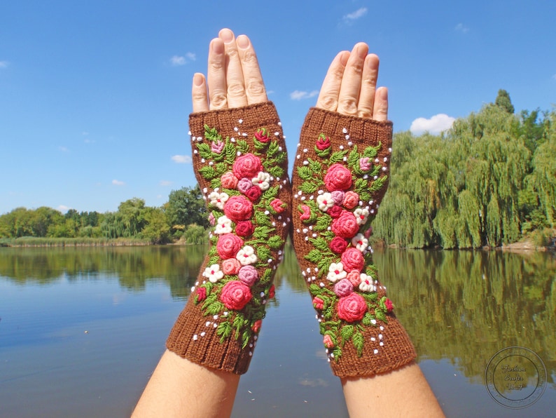 Fingerless Gloves With Embroidered, Gloves long womens ,Flowers gloves, Gloves Embroidered roses ,Hand warmers image 2