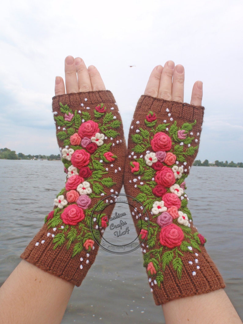 Fingerless Gloves With Embroidered, Gloves long womens ,Flowers gloves, Gloves Embroidered roses ,Hand warmers image 8