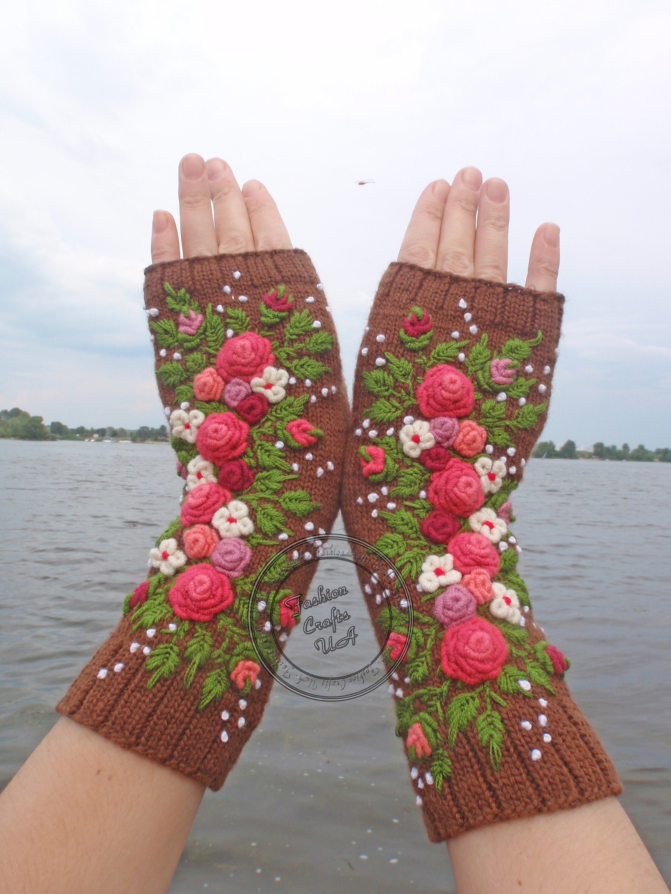 Fingerless Gloves With Embroidered Rococo embroidery Brown Etsy