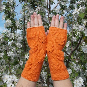 Hand warmers,Gloves are knitted,Gloves without fingers with oak leaves,Gloves And Mittens,Orange Fingerless Gloves,Hand Knitted Mittens image 2