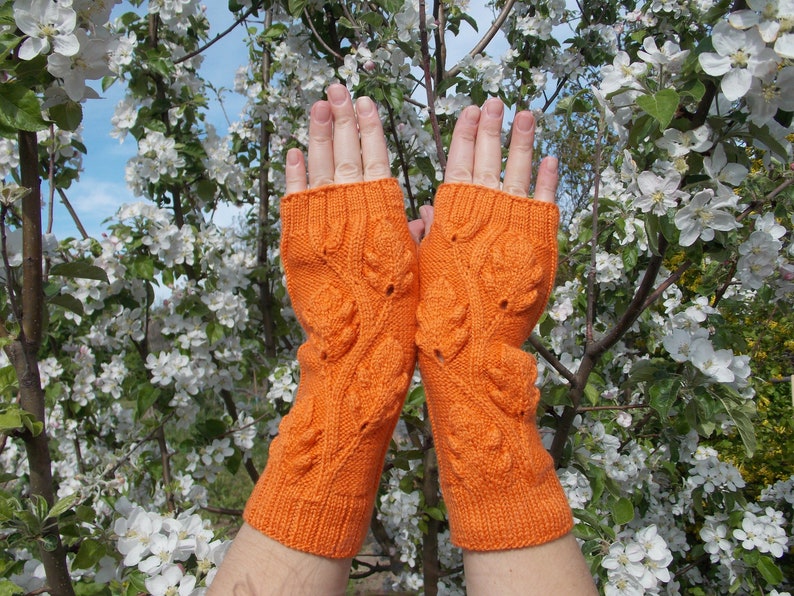 Hand warmers,Gloves are knitted,Gloves without fingers with oak leaves,Gloves And Mittens,Orange Fingerless Gloves,Hand Knitted Mittens image 2