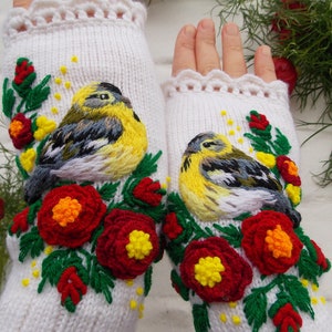 Embroidered Gloves With Siskin Bird, White Gloves With Roses, Mittens With Bird Embroidery, Gift For Her