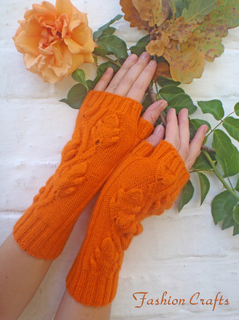 Hand warmers,Gloves are knitted,Gloves without fingers with oak leaves,Gloves And Mittens,Orange Fingerless Gloves,Hand Knitted Mittens image 1