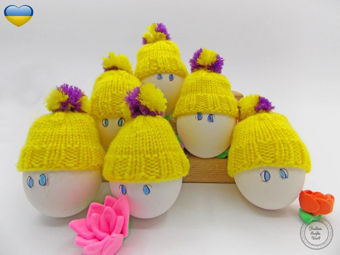 Knitted hats for Easter eggs, Yellow egg hats for easter, Decor for easter, Funny gift for easter