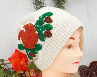 Women's hat with embroidered squirrel, Hand embroidery hat with cones, Women's  beanie hat, Hand Knitted cap