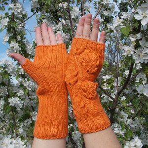 Hand warmers,Gloves are knitted,Gloves without fingers with oak leaves,Gloves And Mittens,Orange Fingerless Gloves,Hand Knitted Mittens image 3