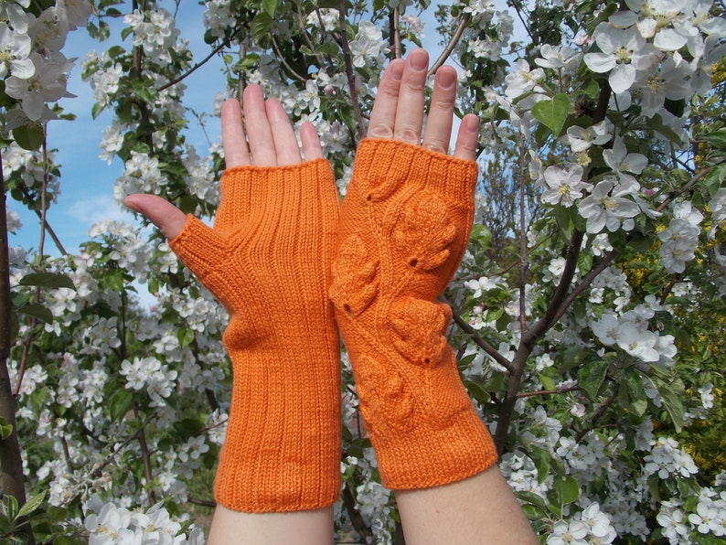 Hand warmers,Gloves are knitted,Gloves without fingers with oak leaves,Gloves And Mittens,Orange Fingerless Gloves,Hand Knitted Mittens image 3