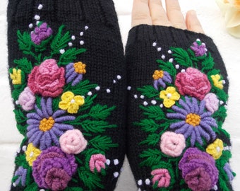Geborduurde handschoenen met bloemen, zwarte handschoenen met rozen, dames armwarmers, cadeau voor een vrouw