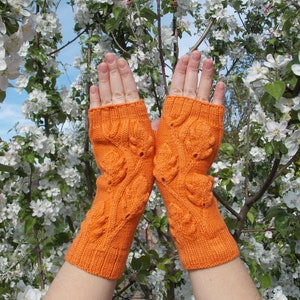 Hand warmers,Gloves are knitted,Gloves without fingers with oak leaves,Gloves And Mittens,Orange Fingerless Gloves,Hand Knitted Mittens image 8