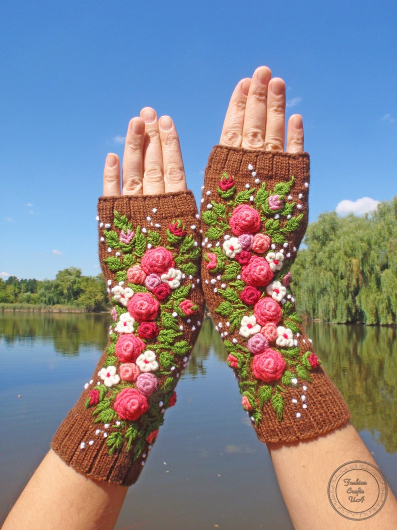 Fingerless Gloves With Embroidered, Gloves long womens ,Flowers gloves, Gloves Embroidered roses ,Hand warmers image 3