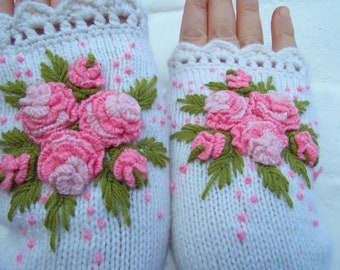 Embroidered Gloves With Roses, White gloves with pink roses, Fingerless Gloves Womens, Womens Arm Warmers, Hand knitting Gloves