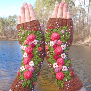 Fingerless Gloves With Embroidered, Gloves long womens ,Flowers gloves, Gloves Embroidered roses ,Hand warmers image 5
