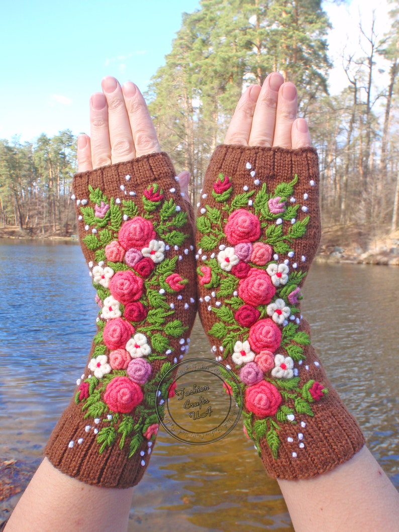 Fingerless Gloves With Embroidered, Gloves long womens ,Flowers gloves, Gloves Embroidered roses ,Hand warmers image 5