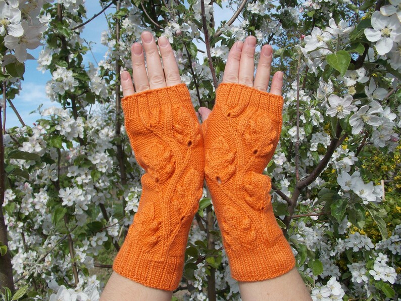 Hand warmers,Gloves are knitted,Gloves without fingers with oak leaves,Gloves And Mittens,Orange Fingerless Gloves,Hand Knitted Mittens image 5
