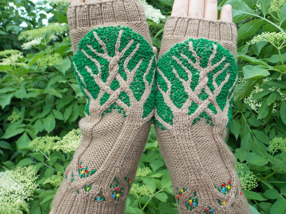 Mittens Embroidery Tree of Life Knitted Fingerless Gloves 