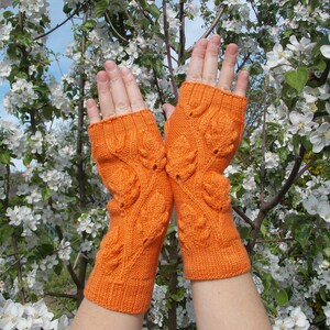 Hand warmers,Gloves are knitted,Gloves without fingers with oak leaves,Gloves And Mittens,Orange Fingerless Gloves,Hand Knitted Mittens image 6