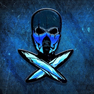 May include: A blue and black skull with a blue mask and two crossed blue knives. The skull is on a blue background with a pattern of circles.
