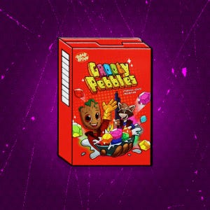 May include: A red cereal box with the words "Groovy Pebbles" printed on the front. The box features a cartoon image of Groot and Rocket Raccoon from Guardians of the Galaxy, holding a bowl of cereal with colorful gems.