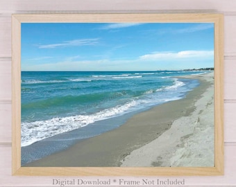 Sunny Beach Shoreline, Ocean Photography, Coastal Wall Decor, Landscape Wall Art, Digital Download, Printable