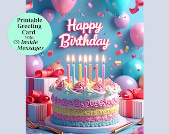 Happy Birthday Cake Greeting Card, 3 inside messages included, Print-At-Home, Digital Download