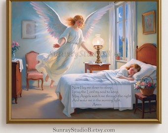 Child's Bedtime Prayer with Angel, Printable Download, Guardian Angel Art, Children prayers
