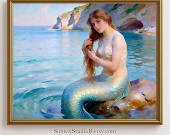 MERMAID Red Hair Vintage Landscape Printable, Fantasy Seascape Wall Art, Digital Download (M05)