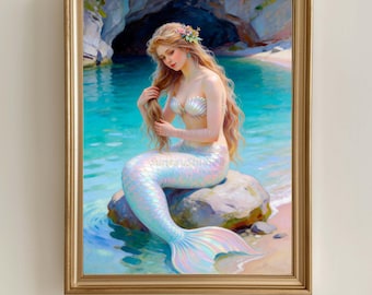 MERMAID Blond Hair Beauty, Vintage Print, Fantasy Ocean Art, Printable Wall Art (M01)