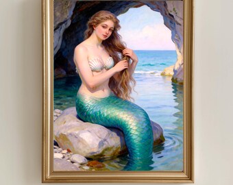 MERMAID Brown Hair Beauty, Printable Vintage wall art, Coastal Fantasy Decor, Digital Download (M02)