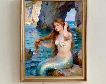 MERMAID Red Hair Beauty Printable Wall Art, Vintage Ocean Fantasy, Coastal, Digital Download (M03)