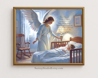 Childrens Bedtime Prayer with Guardian Angel, Childs Room Decor, Printable Art, Christian Wall Art