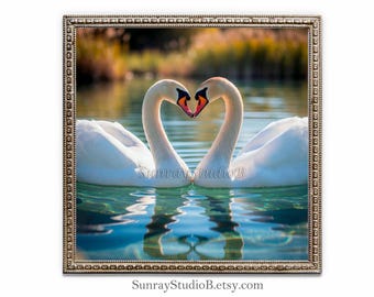 Kissing Swans Print, Heart Reflection, Romantic Birds Art (Digital Download)