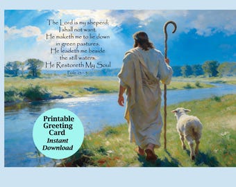 Psalm 23, Bible Verse Greeting Card, Jesus Good Shepard, Christian Art Card, Printable Download