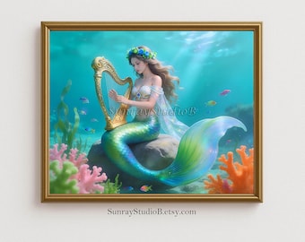MERMAID With Harp Printable Wall Art, Vintage Ocean Fantasy, Coastal Digital Download (M06)