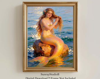 MERMAID Golden Goddess Printable Wall Art, Vintage Ocean Fantasy Print, Coastal Digital Download (M04)