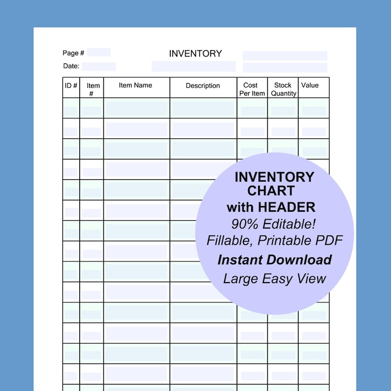 EDITABLE INVENTORY CHART Instant Download Simple Inventory Template