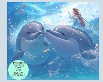 Dolphin Mermaid Birthday Card, Fantasy Art Greeting Card (Digital Download)