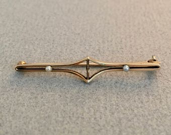 Antique 14k Gold Brooch Seed Pearl Victorian Bar