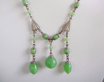 Vintage Signed Czechs Glass Pate de Verre Green Glass bead necklace with Lavalier pendant and silver metal connections, intricate, lovely