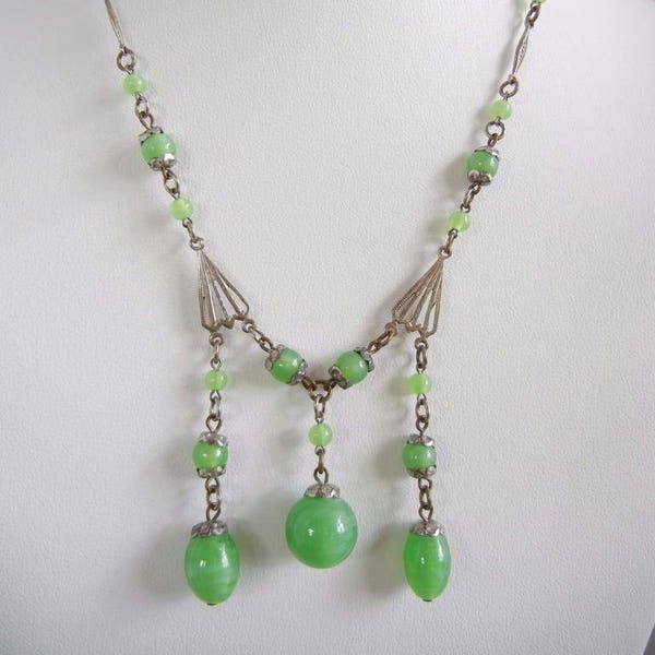 Vintage Signed Czechs Glass Pate de Verre Green Glass bead necklace with Lavalier pendant and silver metal connections, intricate, lovely