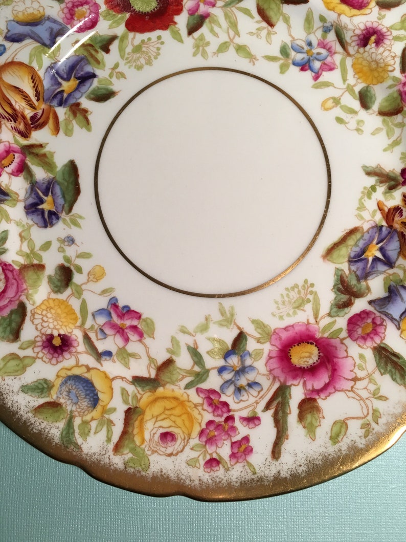 Vintage Hammersley & Co, Queen Anne Bone China 9 1/8 Dinner Plate Brushed Gold , Chintz 1930s image 7